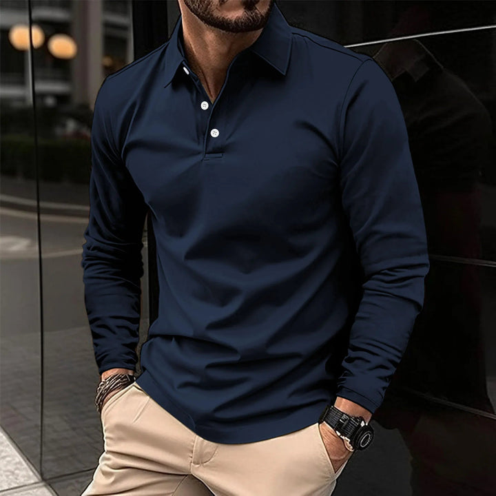 Reuben | Men’s Long Sleeve Polo Shirt with Buttoned Neck Design
