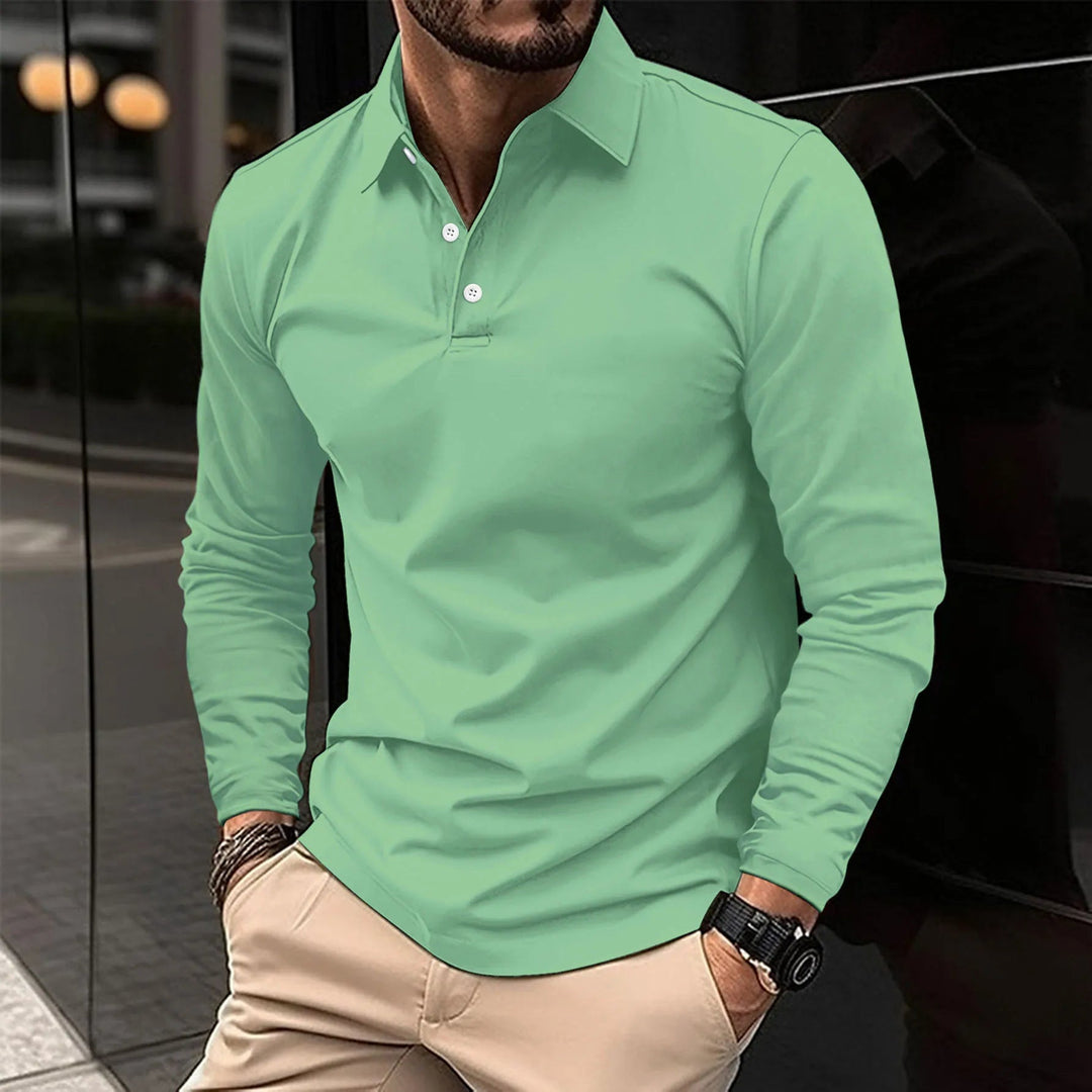 Reuben | Men’s Long Sleeve Polo Shirt with Buttoned Neck Design
