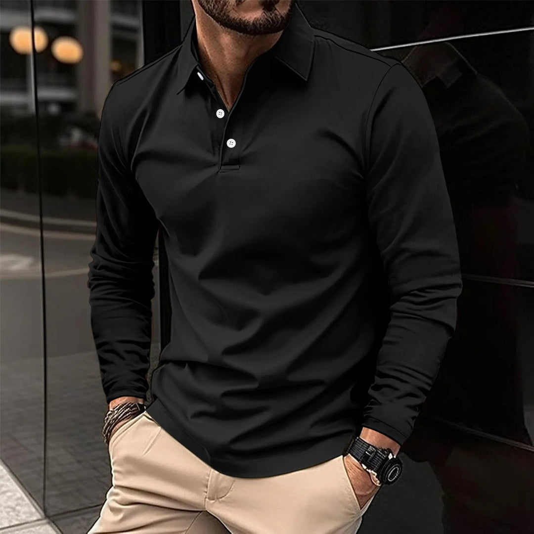 Reuben | Men’s Long Sleeve Polo Shirt with Buttoned Neck Design