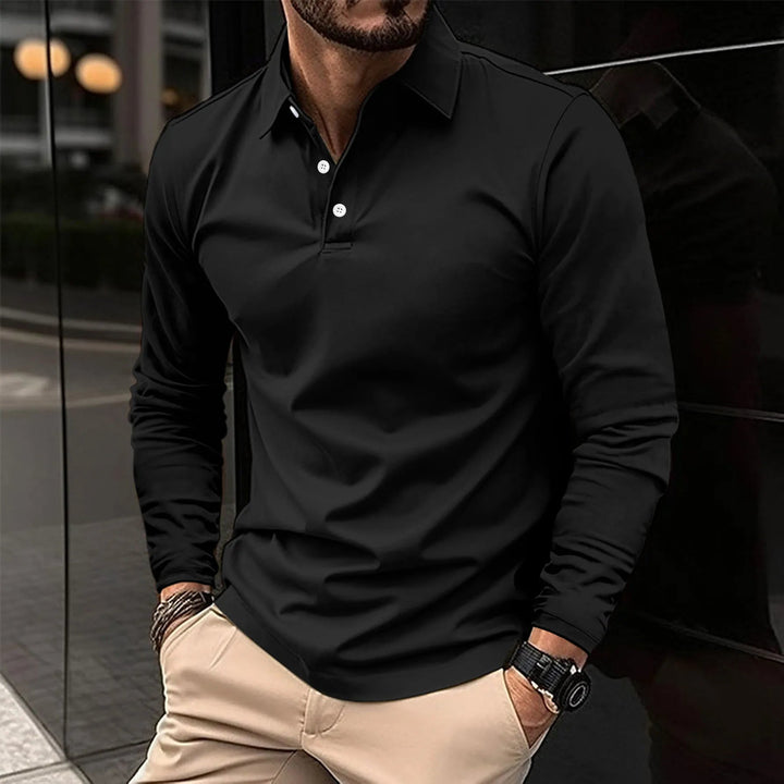 Reuben | Men’s Long Sleeve Polo Shirt with Buttoned Neck Design