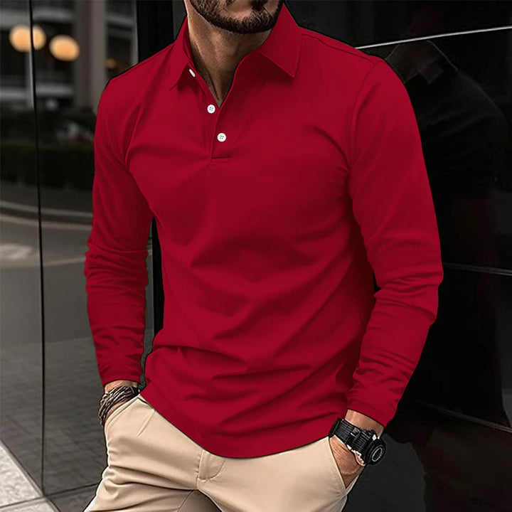Reuben | Men’s Long Sleeve Polo Shirt with Buttoned Neck Design