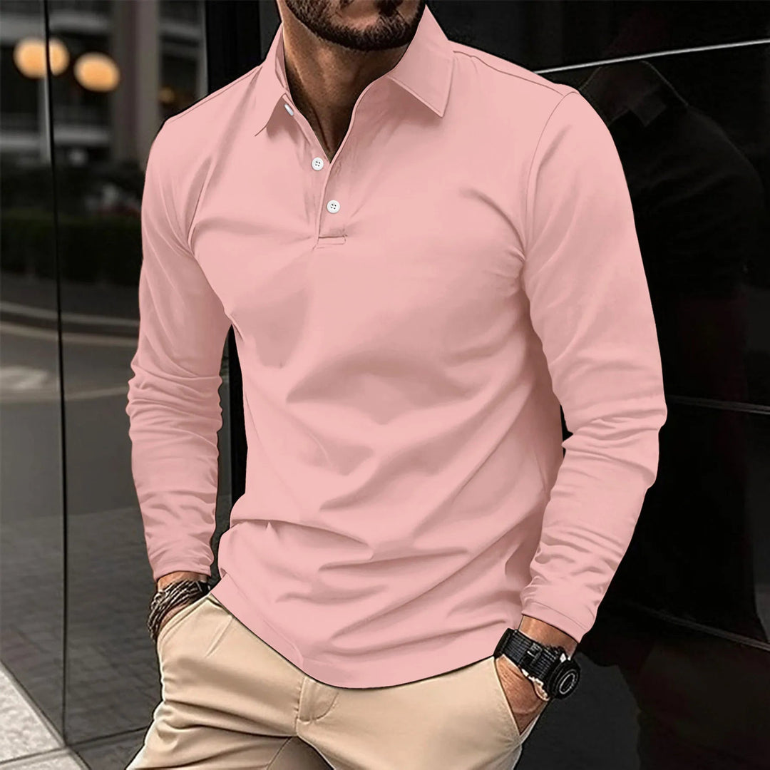 Reuben | Men’s Long Sleeve Polo Shirt with Buttoned Neck Design