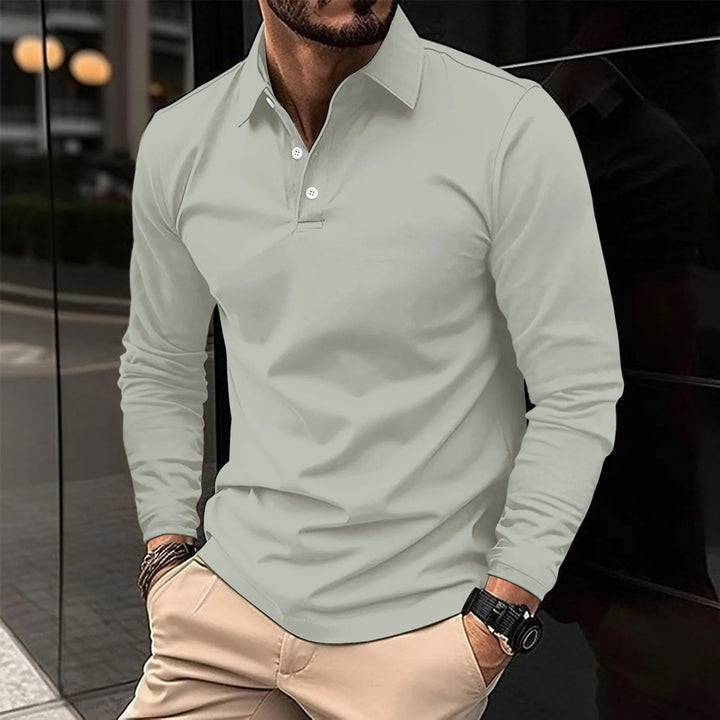 Reuben | Men’s Long Sleeve Polo Shirt with Buttoned Neck Design