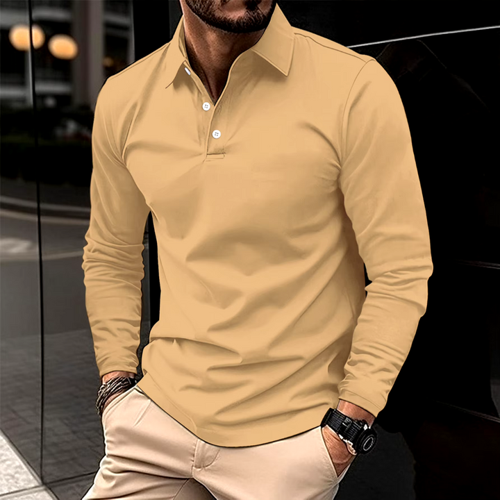 Reuben | Men’s Long Sleeve Polo Shirt with Buttoned Neck Design