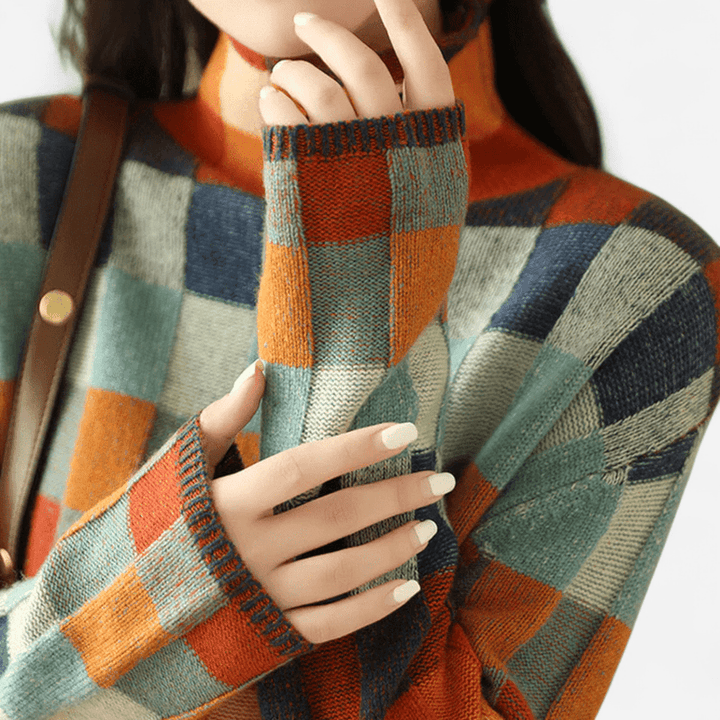 Marisse | Women’s Check Jumper featuring a high neckline