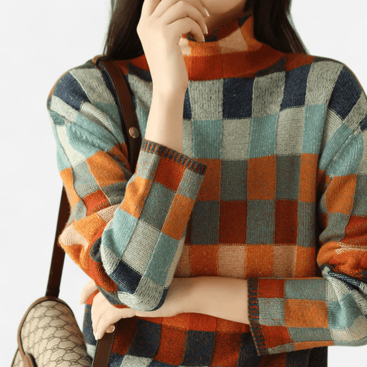 Marisse | Women’s Check Jumper featuring a high neckline