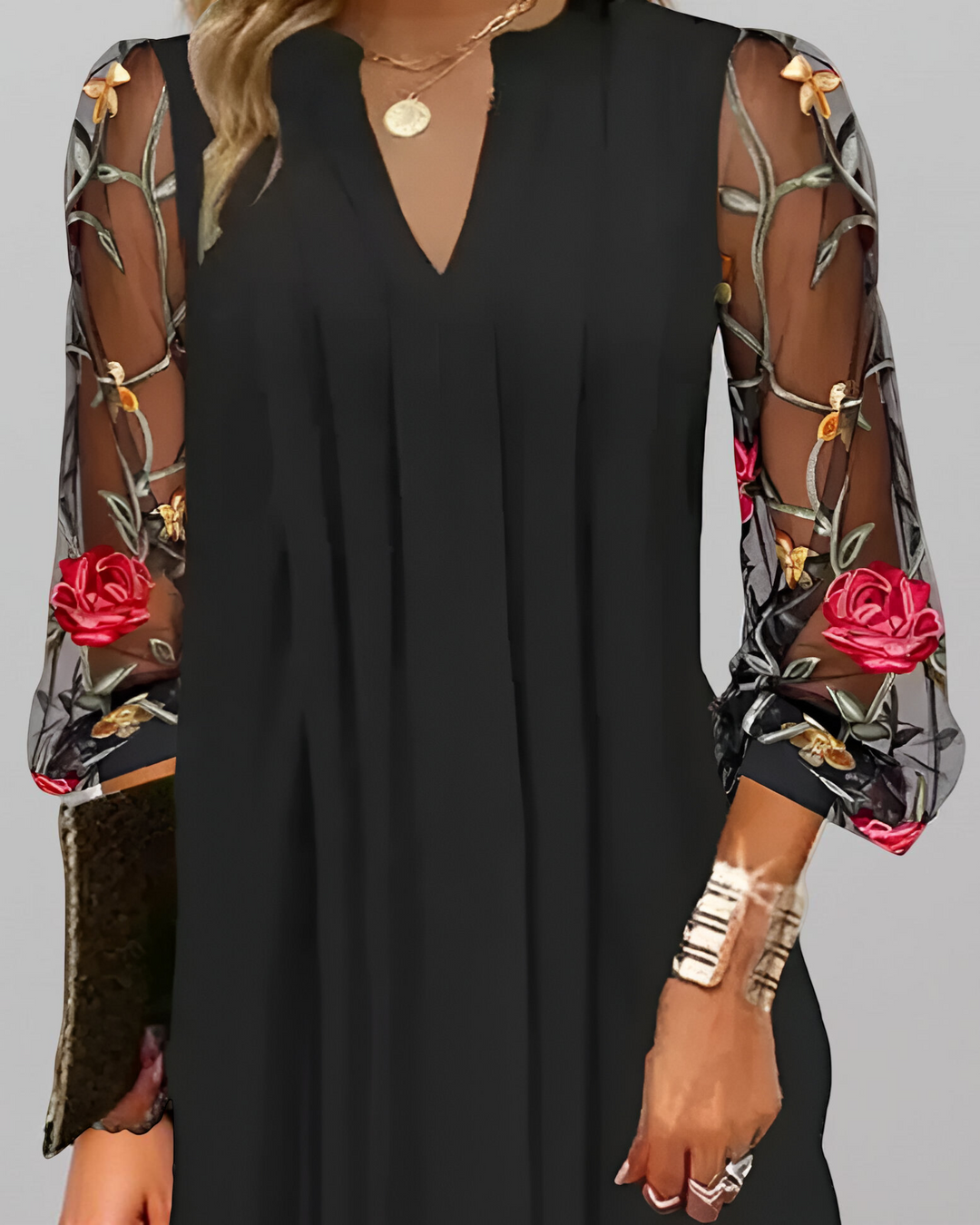 Lunara | Women’s Embroidered Dress with Sheer Sleeves