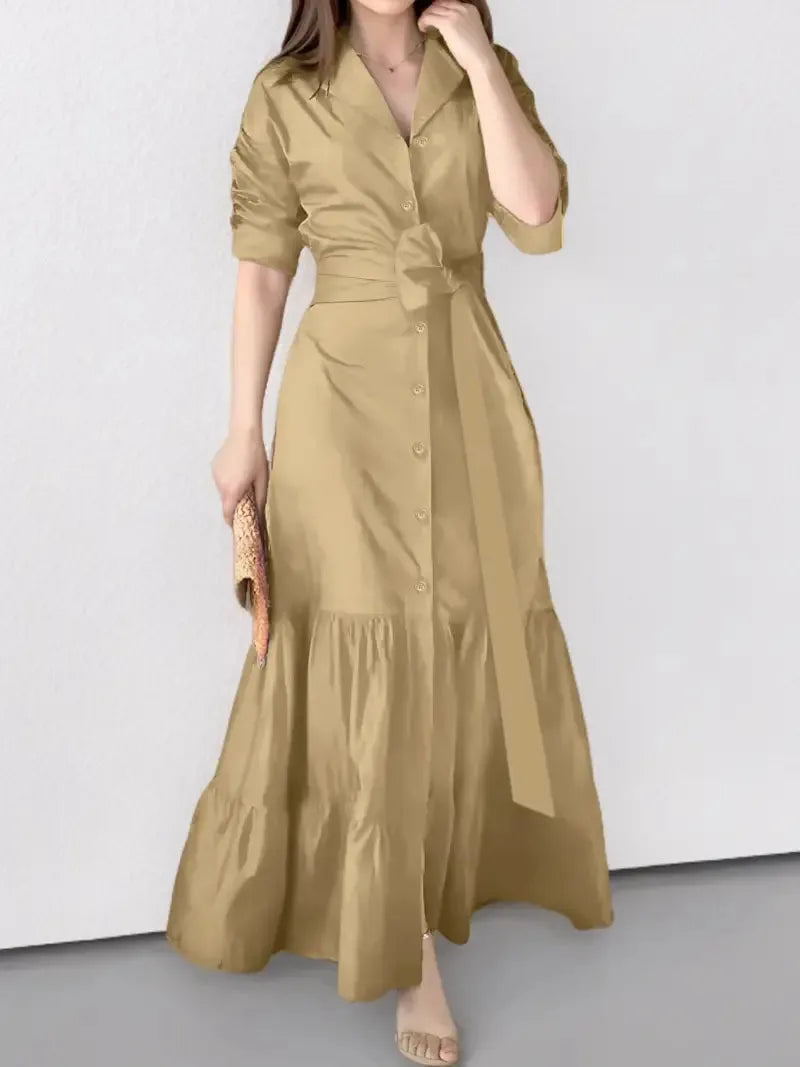 Sabine | Women’s Shirt Maxi Dress with a Defined Midsection