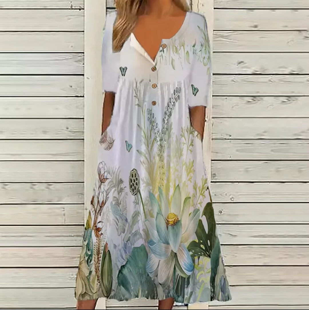 Eileen | Women’s Midi Dress featuring a Soft Floral Visual