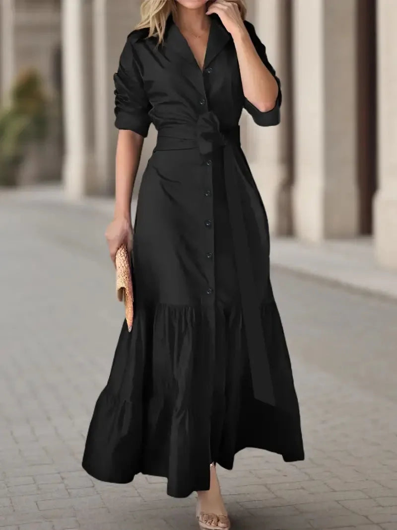 Sabine | Women’s Shirt Maxi Dress with a Defined Midsection
