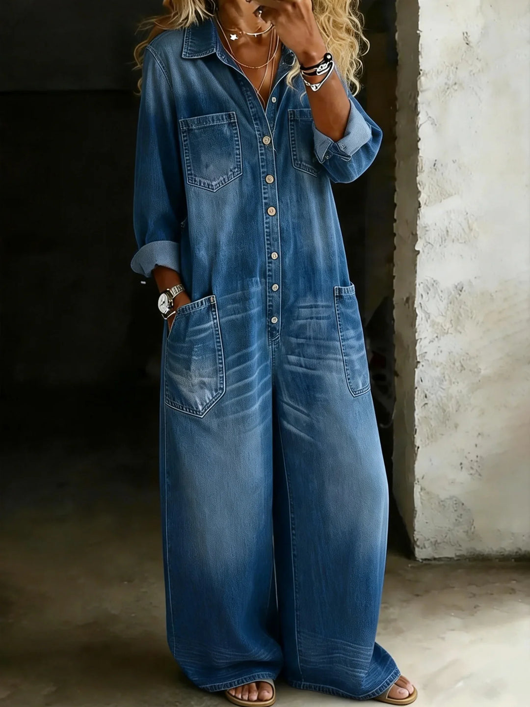 Gretchen | Women’s Wide-Leg Shirt Jumpsuit with Button Front