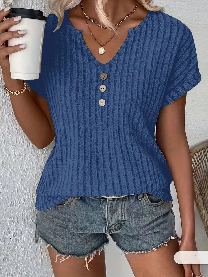 Delphine | Women’s Striped V-Neck Top featuring Button Touch