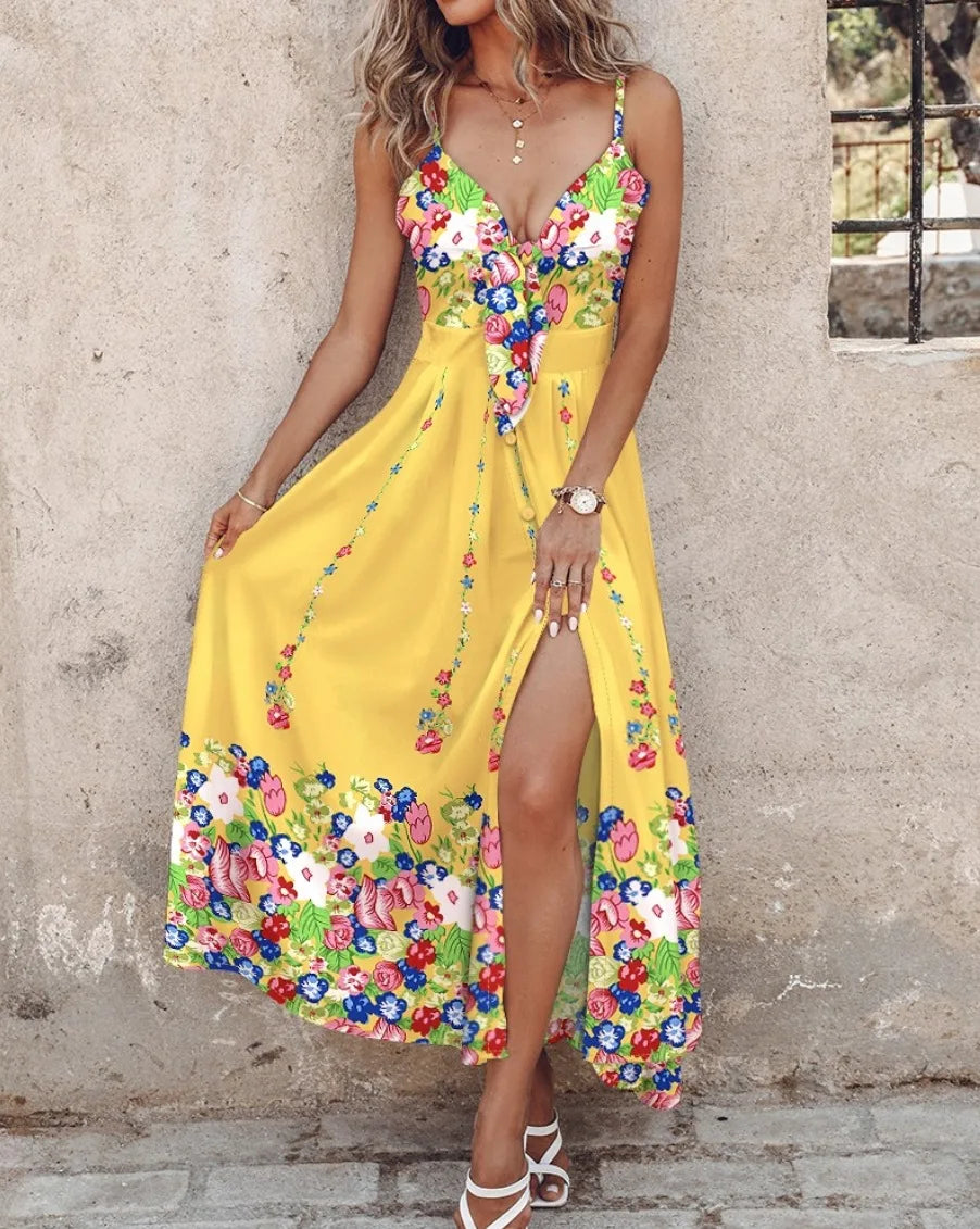 Marigold | Women’s Floral Maxi Dress with Button Placket