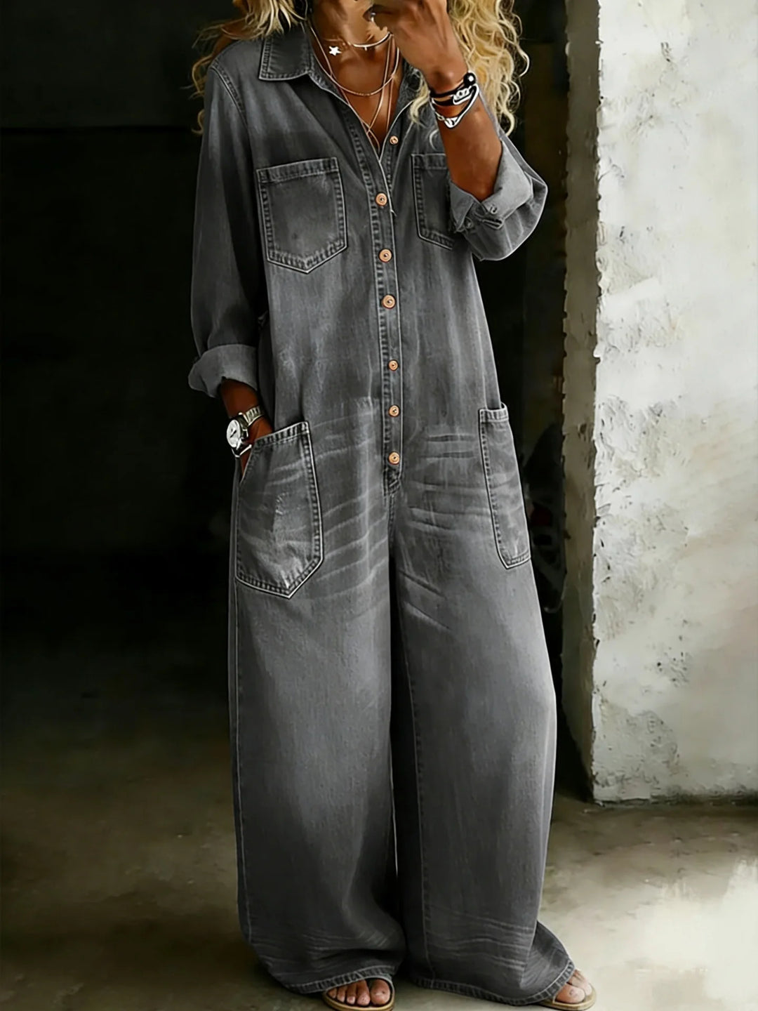 Gretchen | Women’s Wide-Leg Shirt Jumpsuit with Button Front