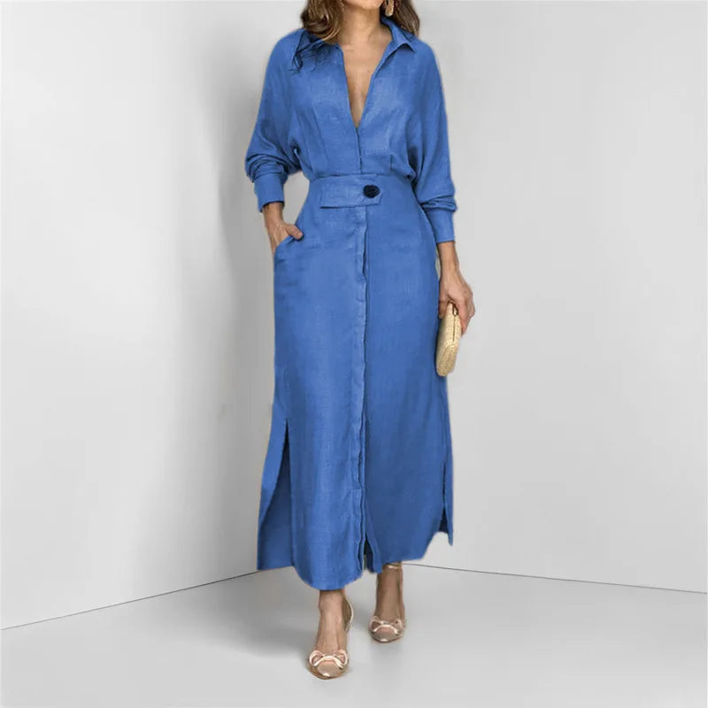 Fawn | Women’s Maxi Shirt Dress featuring a Belted Waist Seam