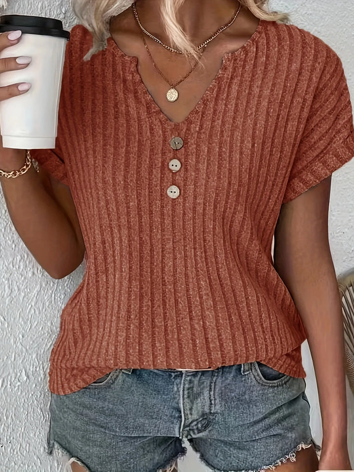 Delphine | Women’s Striped V-Neck Top featuring Button Touch