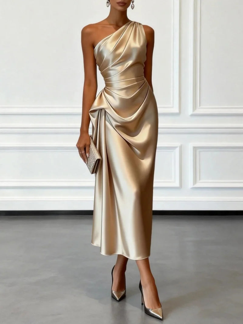 Cecilia | Women’s One Shoulder Midi Dress for Evening Polishing