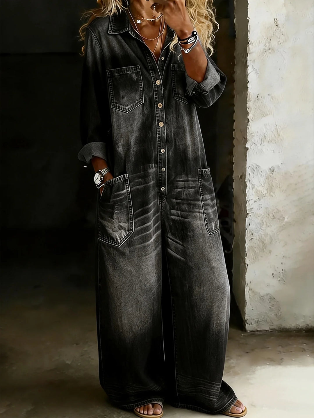 Gretchen | Women’s Wide-Leg Shirt Jumpsuit with Button Front