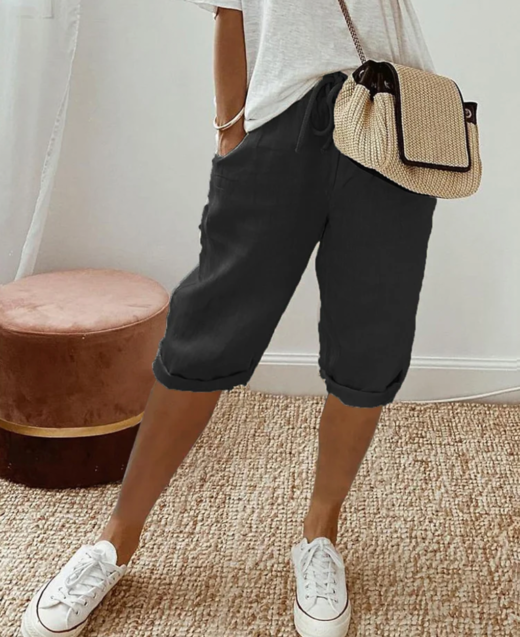 Elina | Women’s Knee Length Casual Shorts with Drawstring Waist and Relaxed Fit