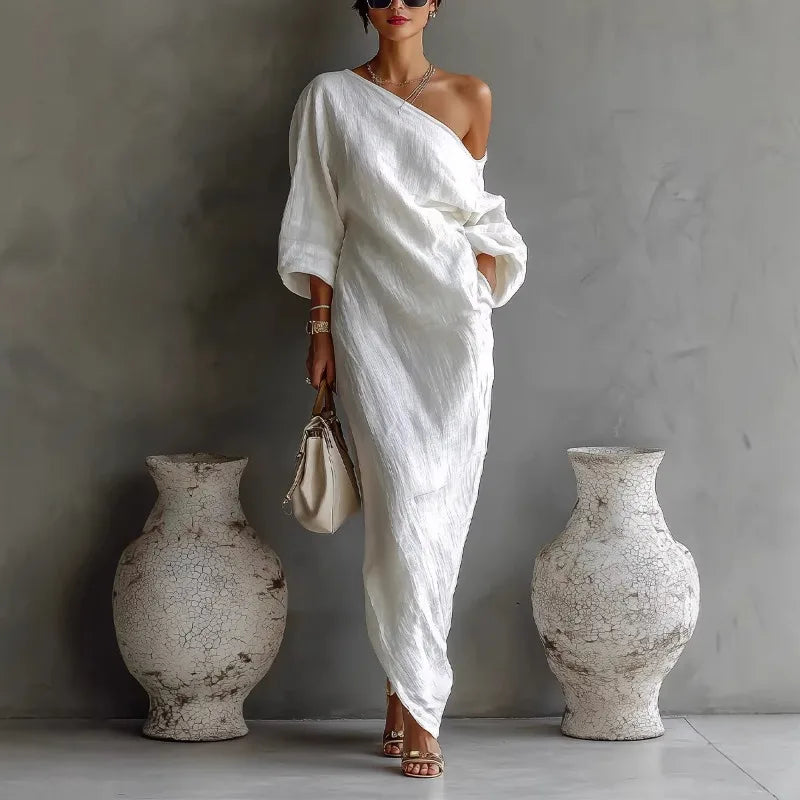 Xanthe | Women’s Maxi Dress featuring an Asymmetric Exposed-Shoulder