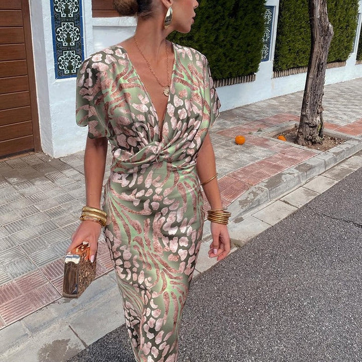 Olivrae | Women’s Twist-Front Midi Dress with V-neck and effortless flow