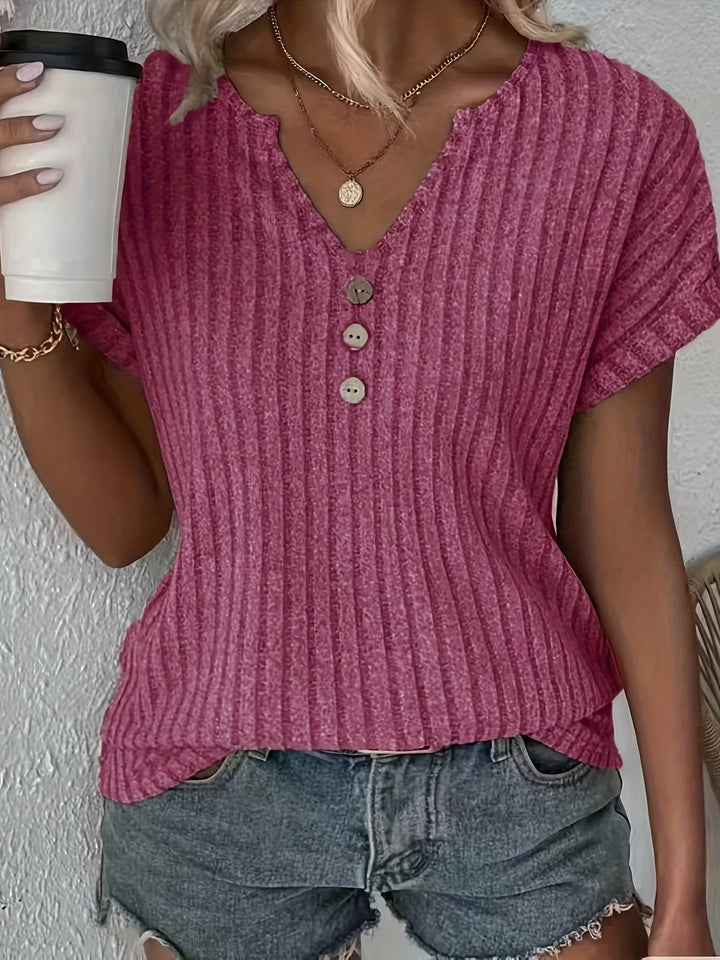 Delphine | Women’s Striped V-Neck Top featuring Button Touch