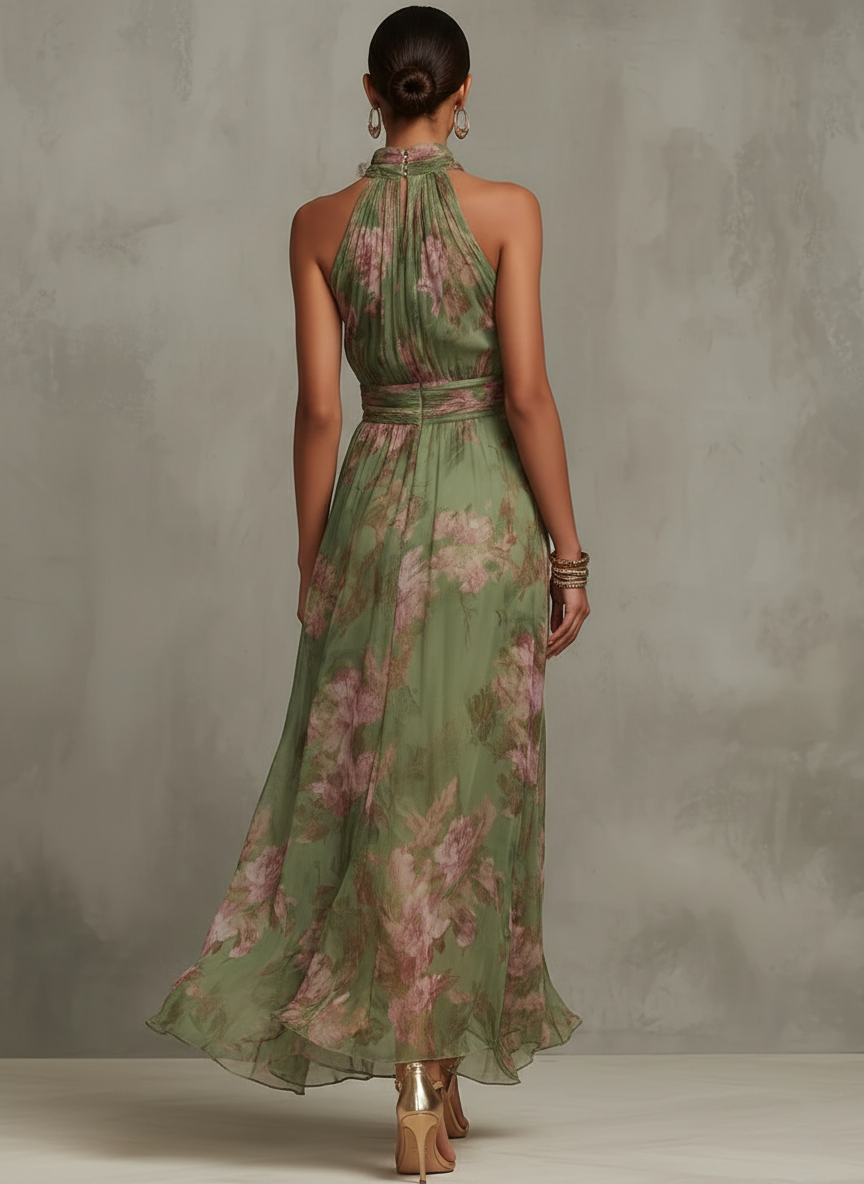 Avelira | Women’s Halterneck Maxi Dress with floral print and flowing soft cascade`