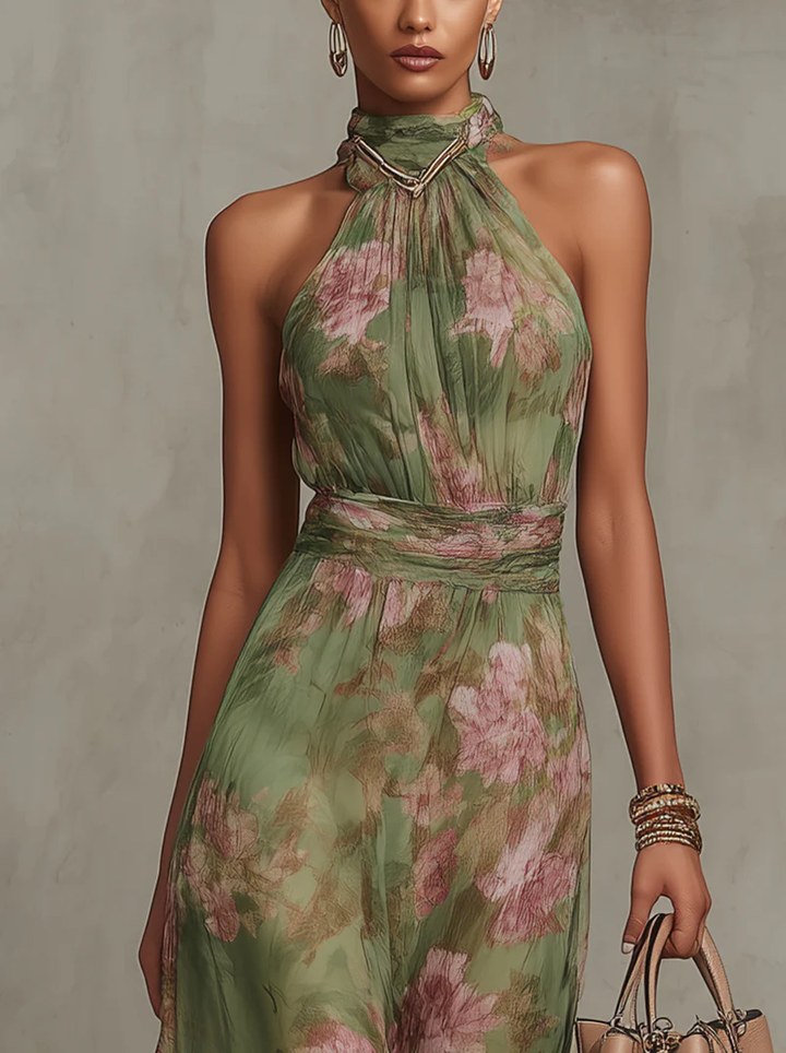 Avelira | Women’s Halterneck Maxi Dress with floral print and flowing soft cascade`