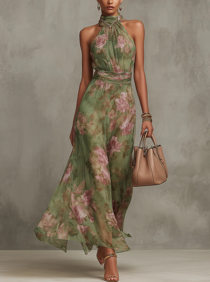 Avelira | Women’s Halterneck Maxi Dress with floral print and flowing soft cascade`