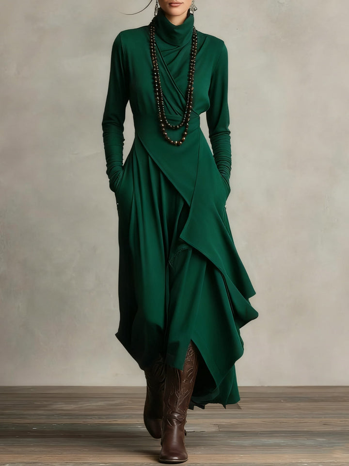 Velmorae | Women’s Asymmetric Midi Dress with high neckline and draped layers