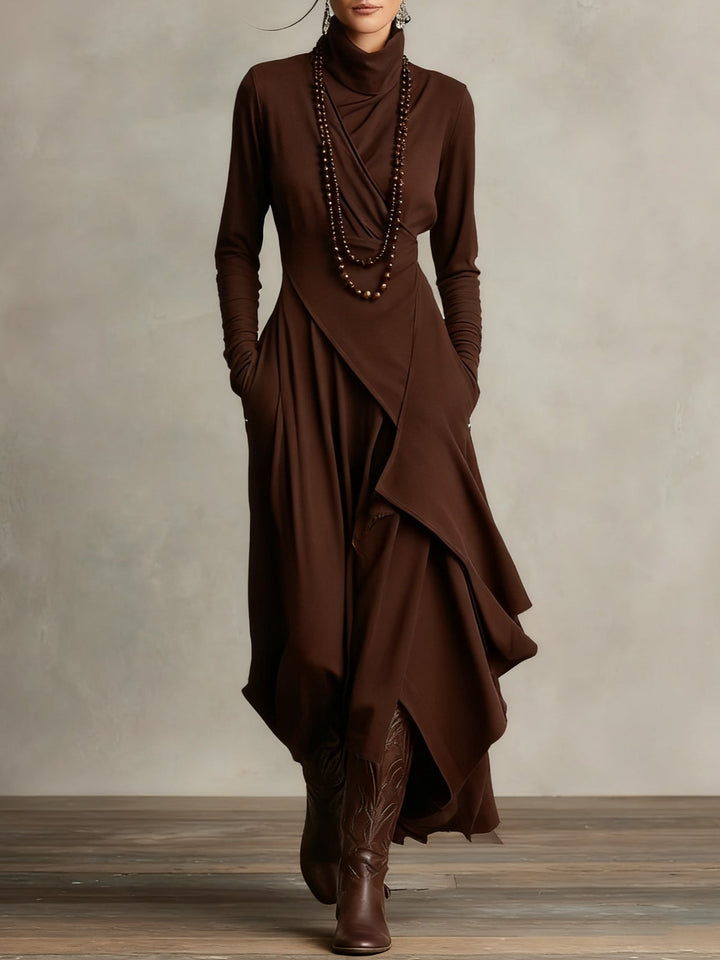 Velmorae | Women’s Asymmetric Midi Dress with high neckline and draped layers