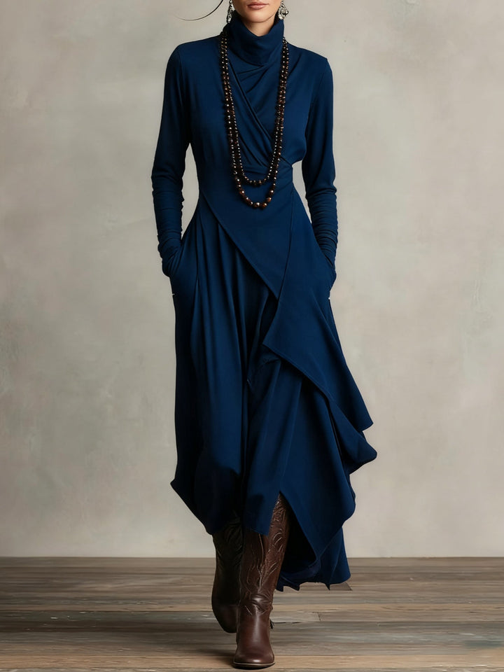 Velmorae | Women’s Asymmetric Midi Dress with high neckline and draped layers