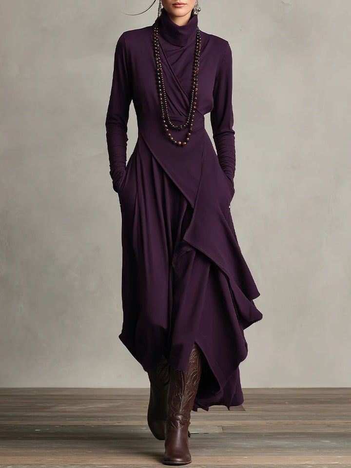 Velmorae | Women’s Asymmetric Midi Dress with high neckline and draped layers