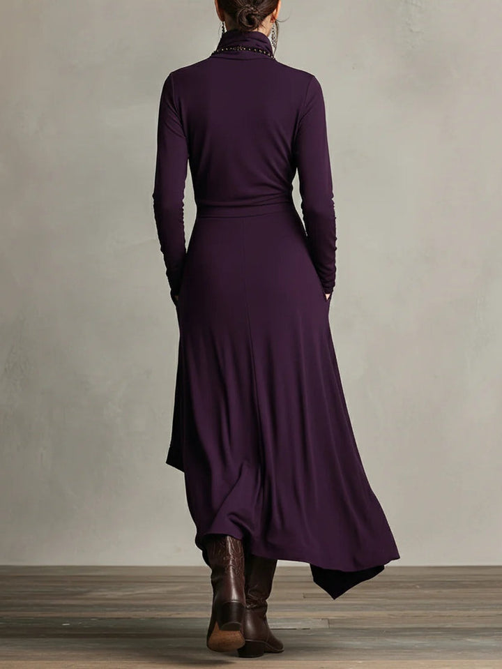 Velmorae | Women’s Asymmetric Midi Dress with high neckline and draped layers
