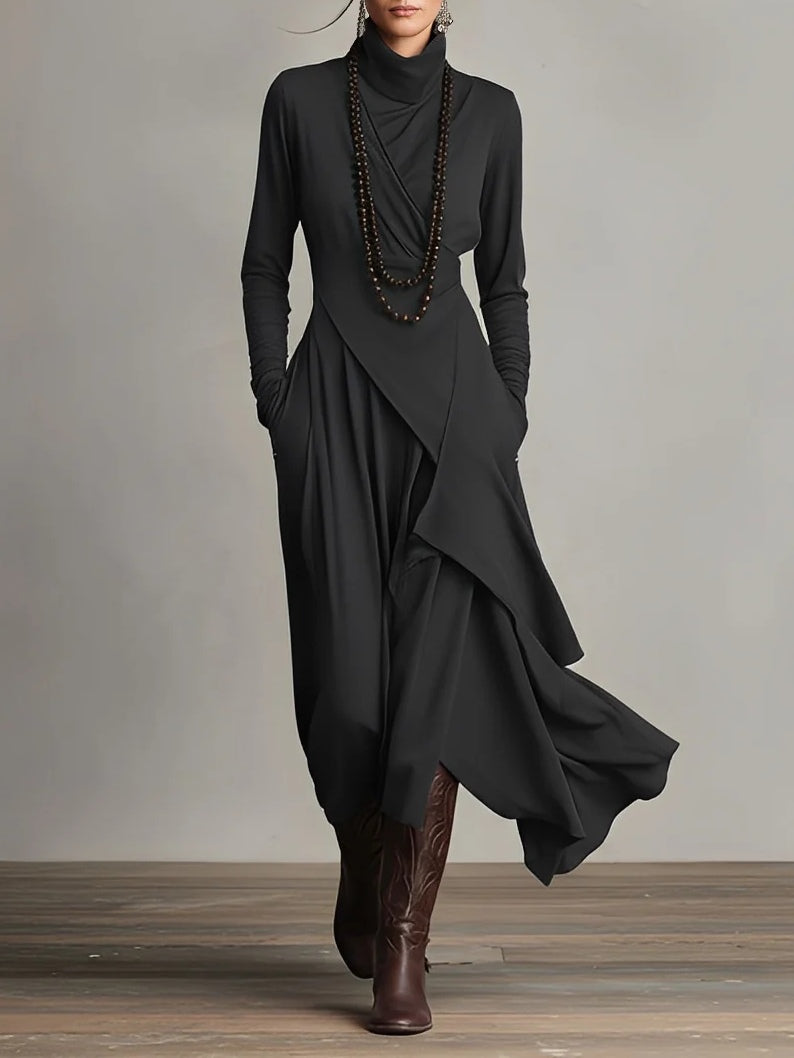 Velmorae | Women’s Asymmetric Midi Dress with high neckline and draped layers