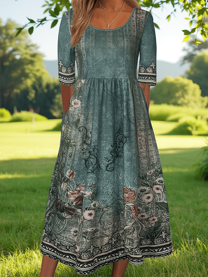 Thaloria | Women’s Midi Dress with printed panel design and half arm cover