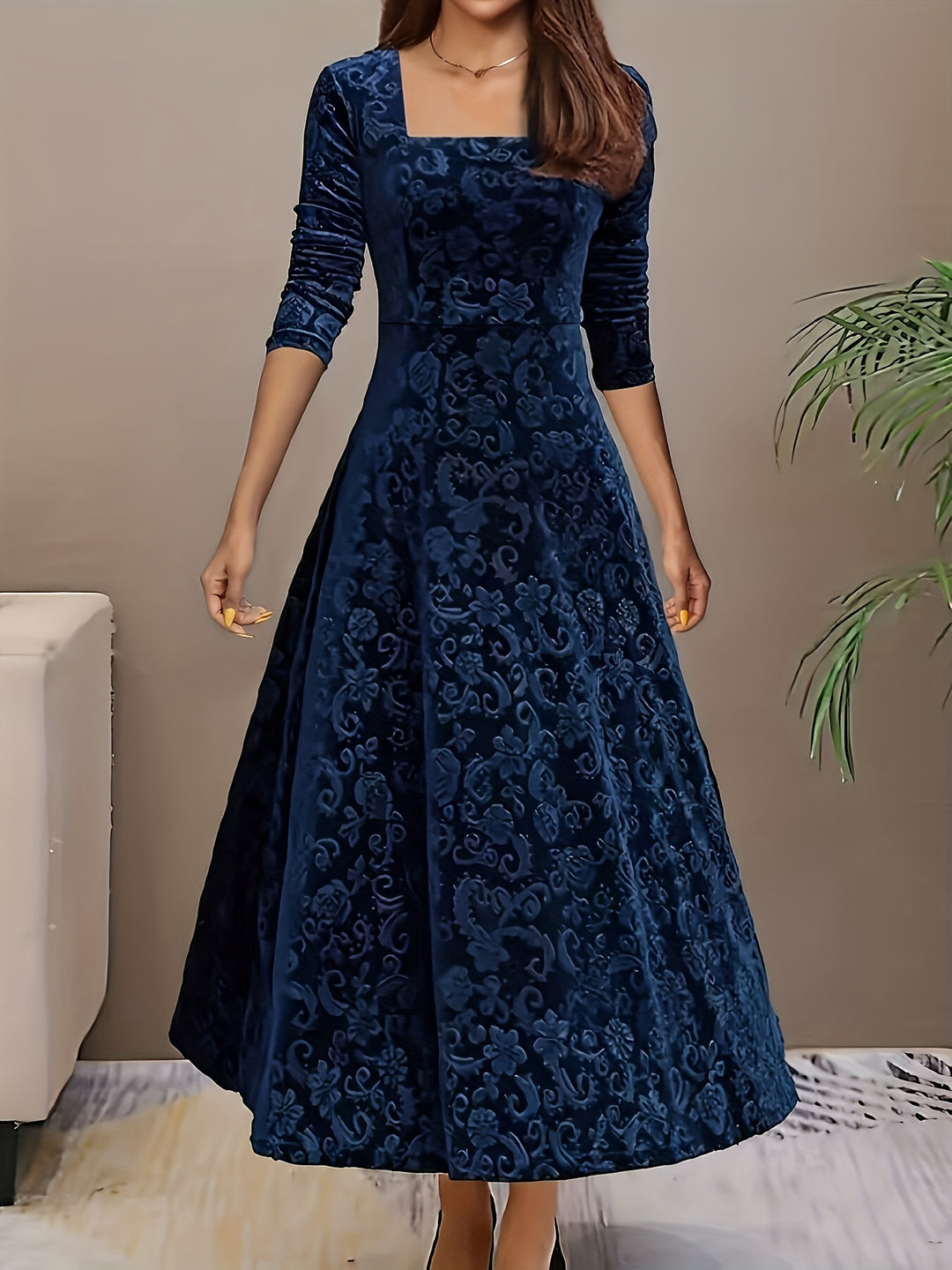 Elarisse | Women’s Midi Dress with square neckline and elegant drape