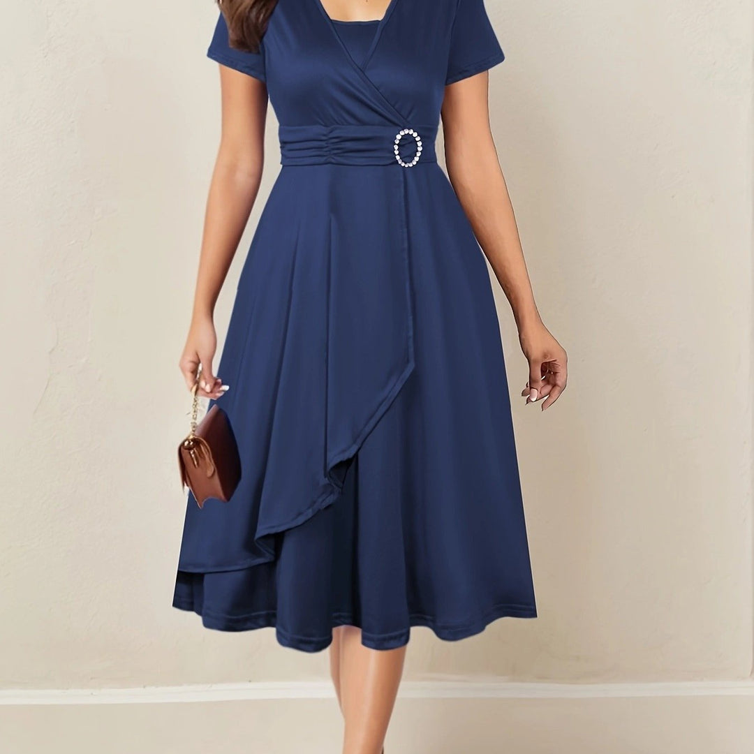 Velmora | Women’s Wrap Midi Dress with gathered waist and buckle addition