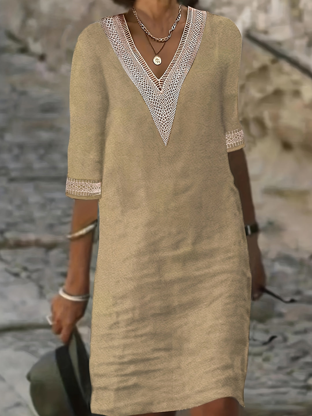 Novera | Women’s V-Neck Shift Dress with lace trim and relaxed fall