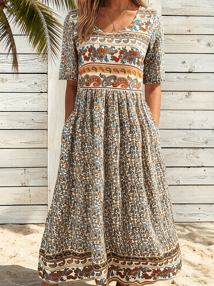 Thaloria | Women’s Midi Dress with printed panel design and half arm cover
