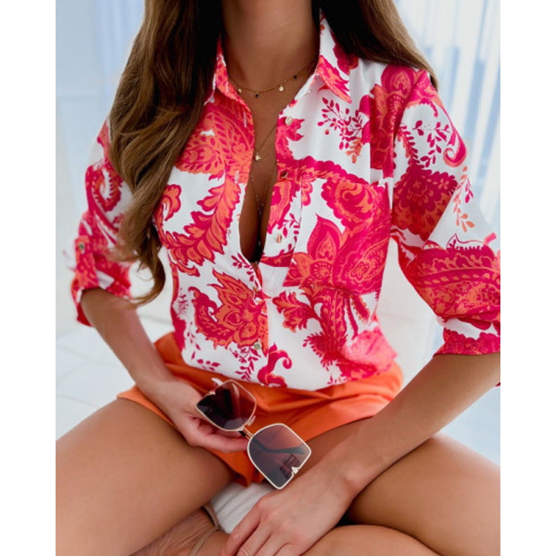 Lorena | Women’s Printed Button Up Shirt with Relaxed Collar Detail