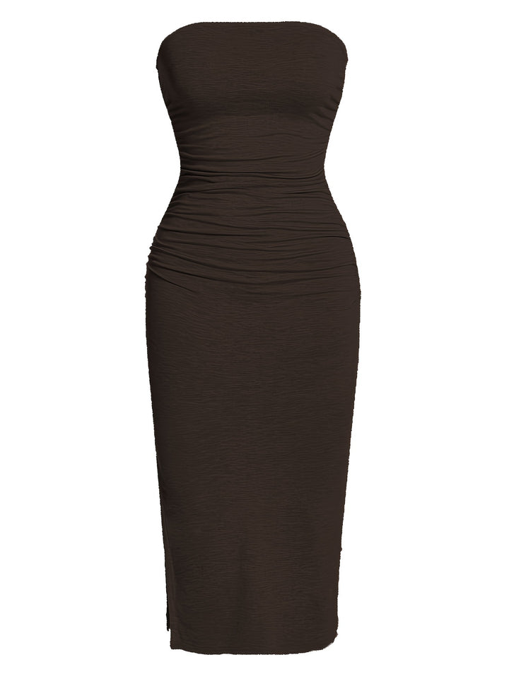 Zorelle | Women’s Strapless Midi Dress with ruched detail and side slit