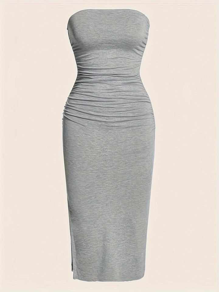 Zorelle | Women’s Strapless Midi Dress with ruched detail and side slit