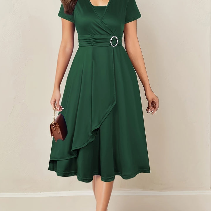 Velmora | Women’s Wrap Midi Dress with gathered waist and buckle addition