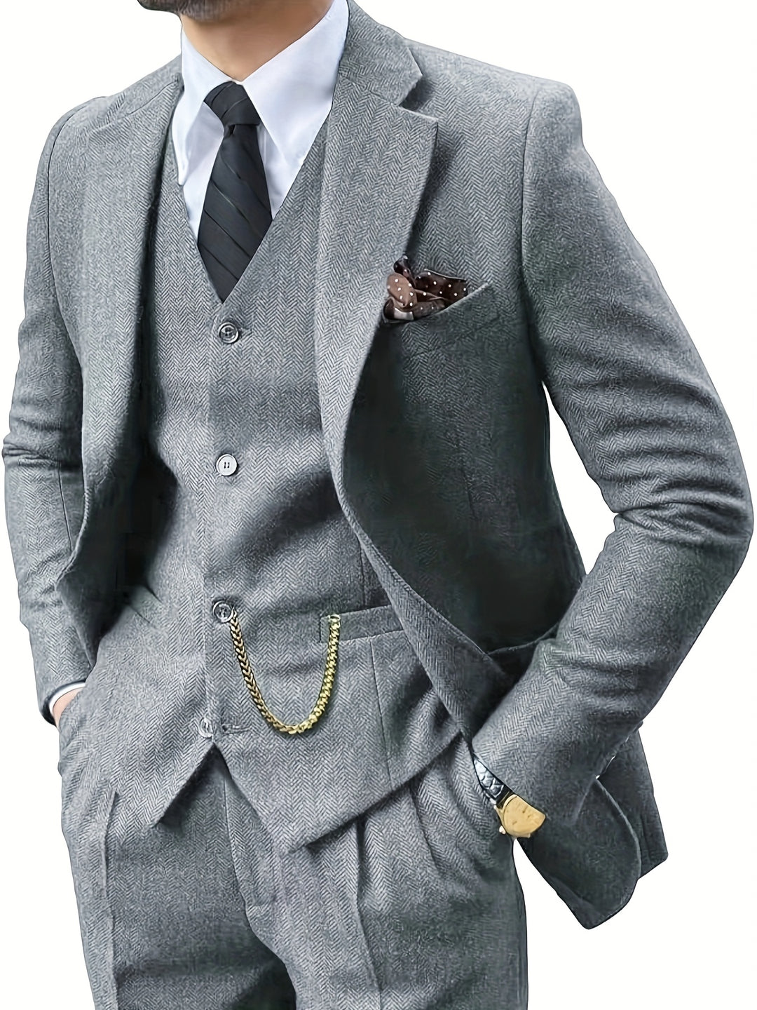 Trevian | Men’s Three-Piece Suit featuring a herringbone pattern