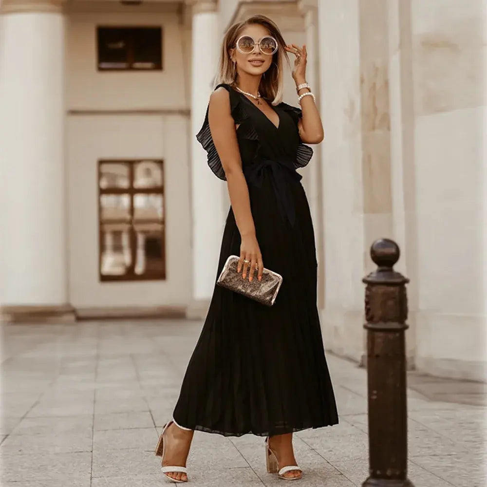 Elmara | Women’s Maxi Dress with Ruffle Sleeves and Pleated Skirt