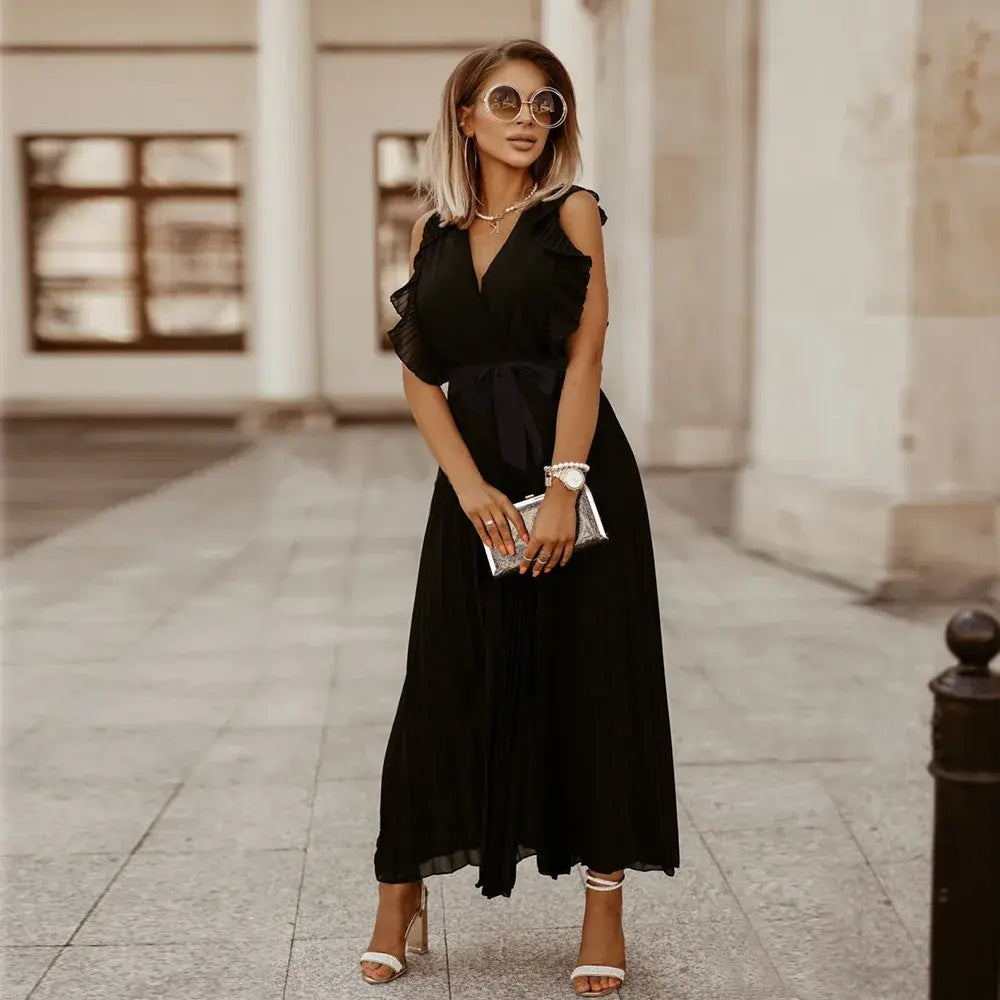 Elmara | Women’s Maxi Dress with Ruffle Sleeves and Pleated Skirt