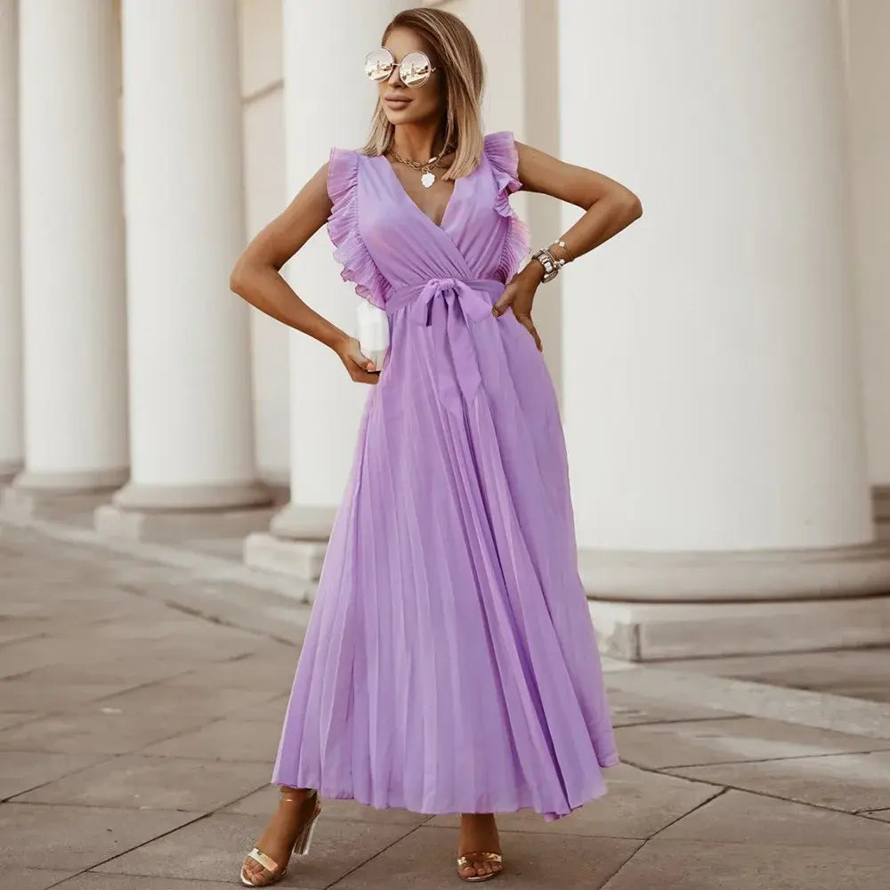 Elmara | Women’s Maxi Dress with Ruffle Sleeves and Pleated Skirt