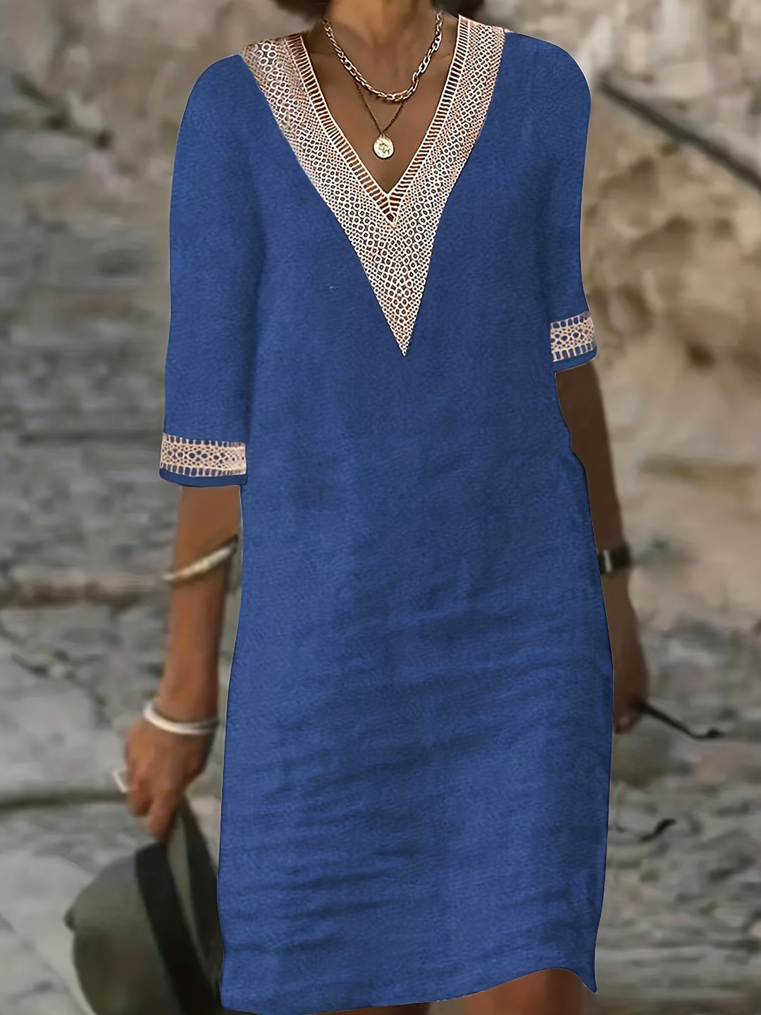 Novera | Women’s V-Neck Shift Dress with lace trim and relaxed fall