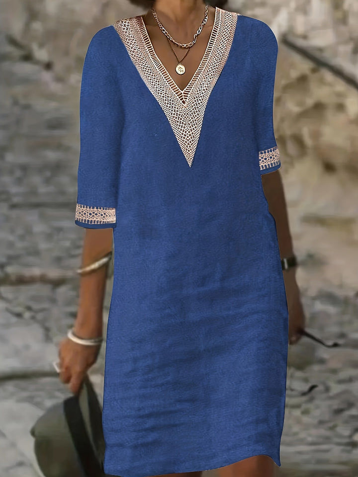 Novera | Women’s V-Neck Shift Dress with lace trim and relaxed fall